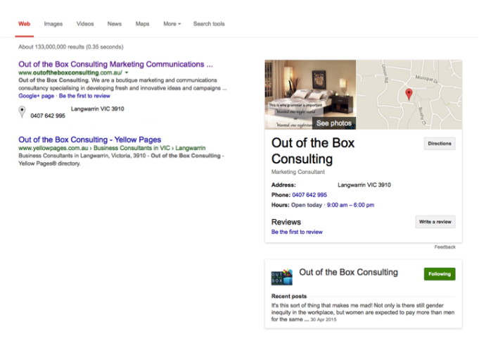 Google search for 'Out of the Box Consulting'